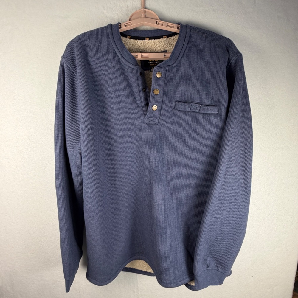 Lee Premium Select Mens XL Blue Sherpa Lined Waffle Knit Henley Pullover Shirt